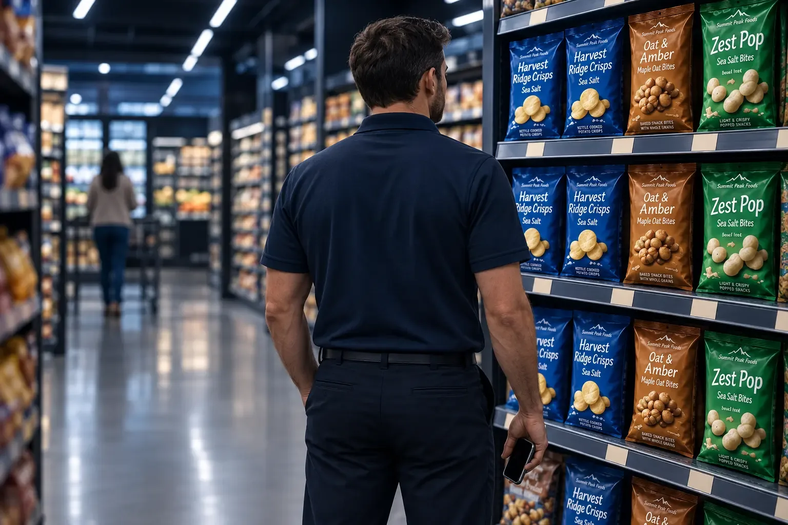 Field supervisor looking down a supermarket aisle.