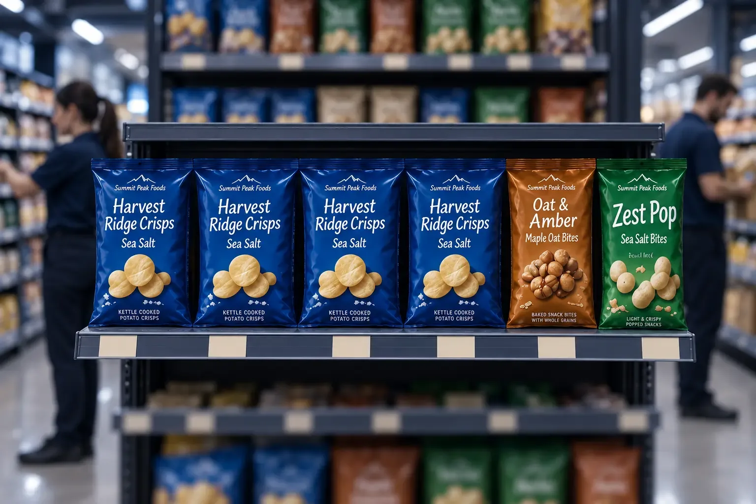 Illustrative corrected shelf with four blue Harvest Ridge Crisps facings.