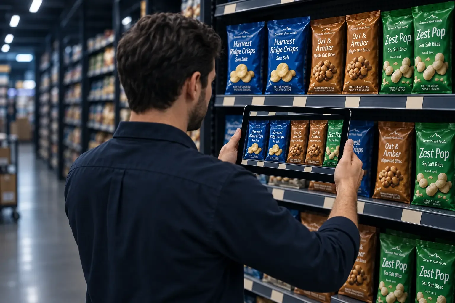 Supervisor viewing a shelf photograph on a tablet during a store visit.