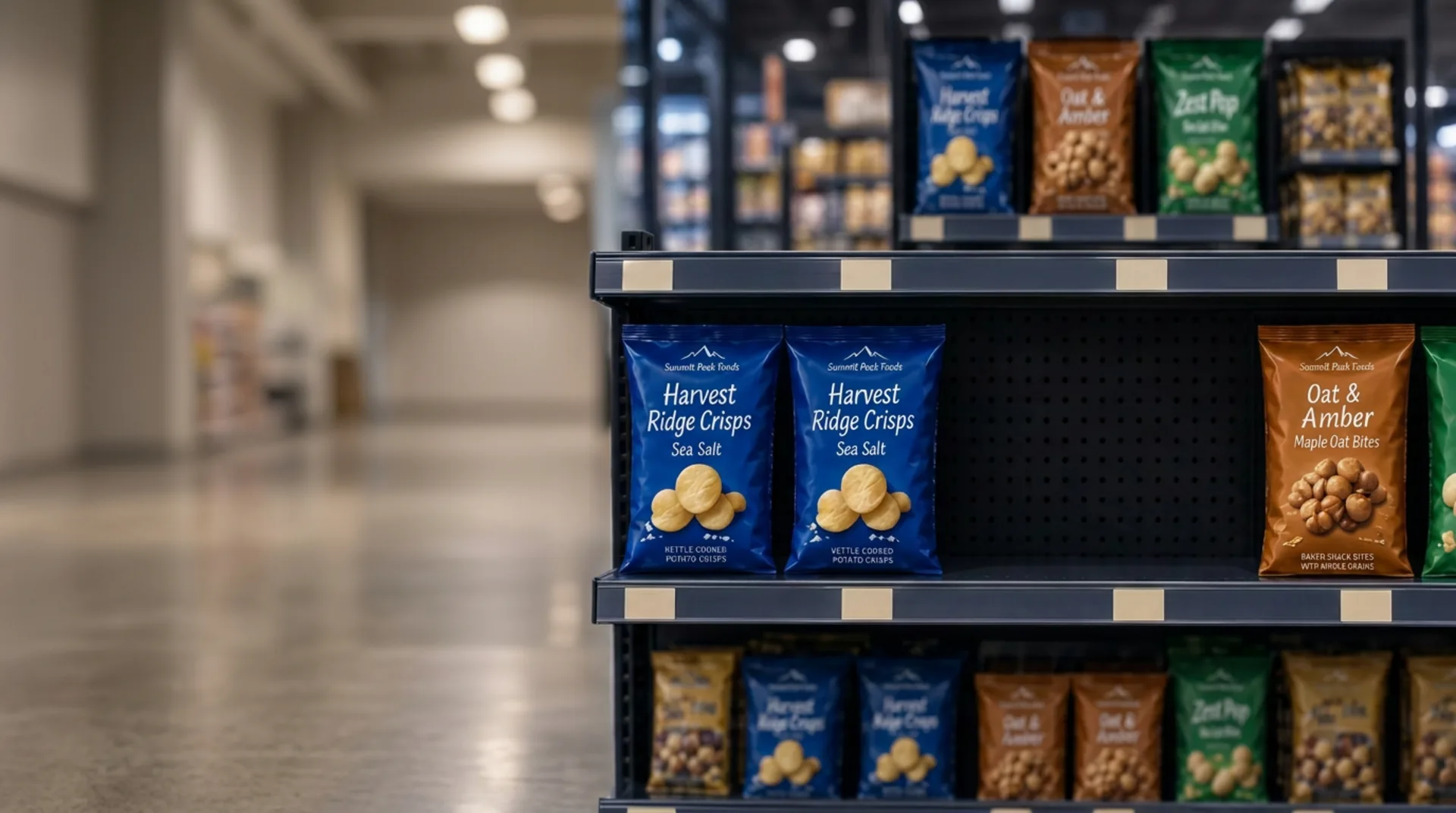 Illustrative store shelf: two blue Harvest Ridge Crisps packs, an empty space, one brown Oat & Amber pack and one green Zest Pop pack.
